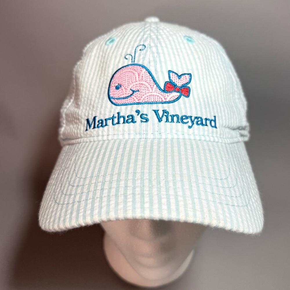 Blue White Striped Seersucker Cap Pink Embroidered Whale NWOT